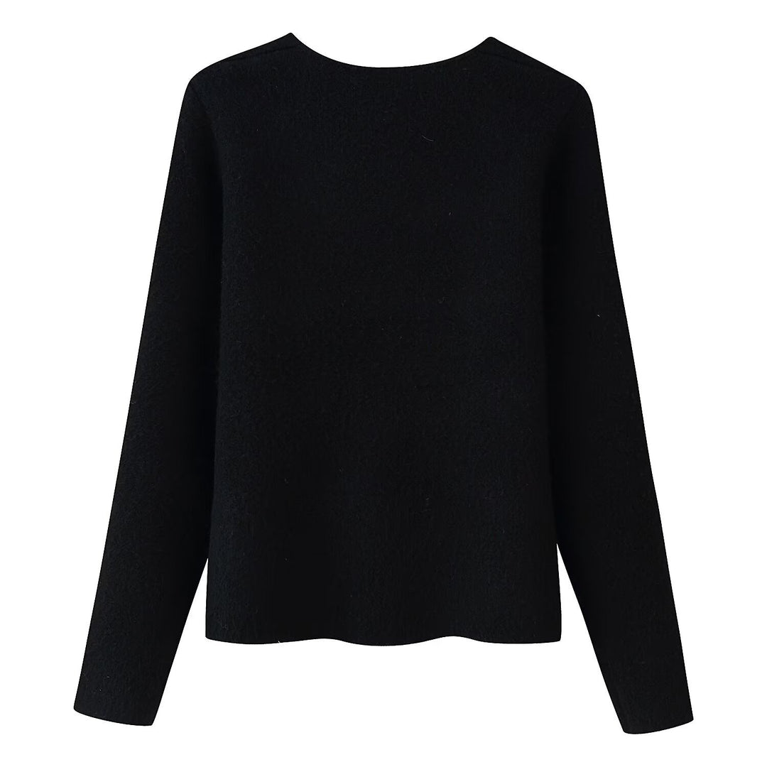 Damen Eleganter Kurzcardigan aus Bouclé‑Strick mit tiefem V‑Ausschnitt und dekorativer Schmuckknopfleiste Nord Taschen