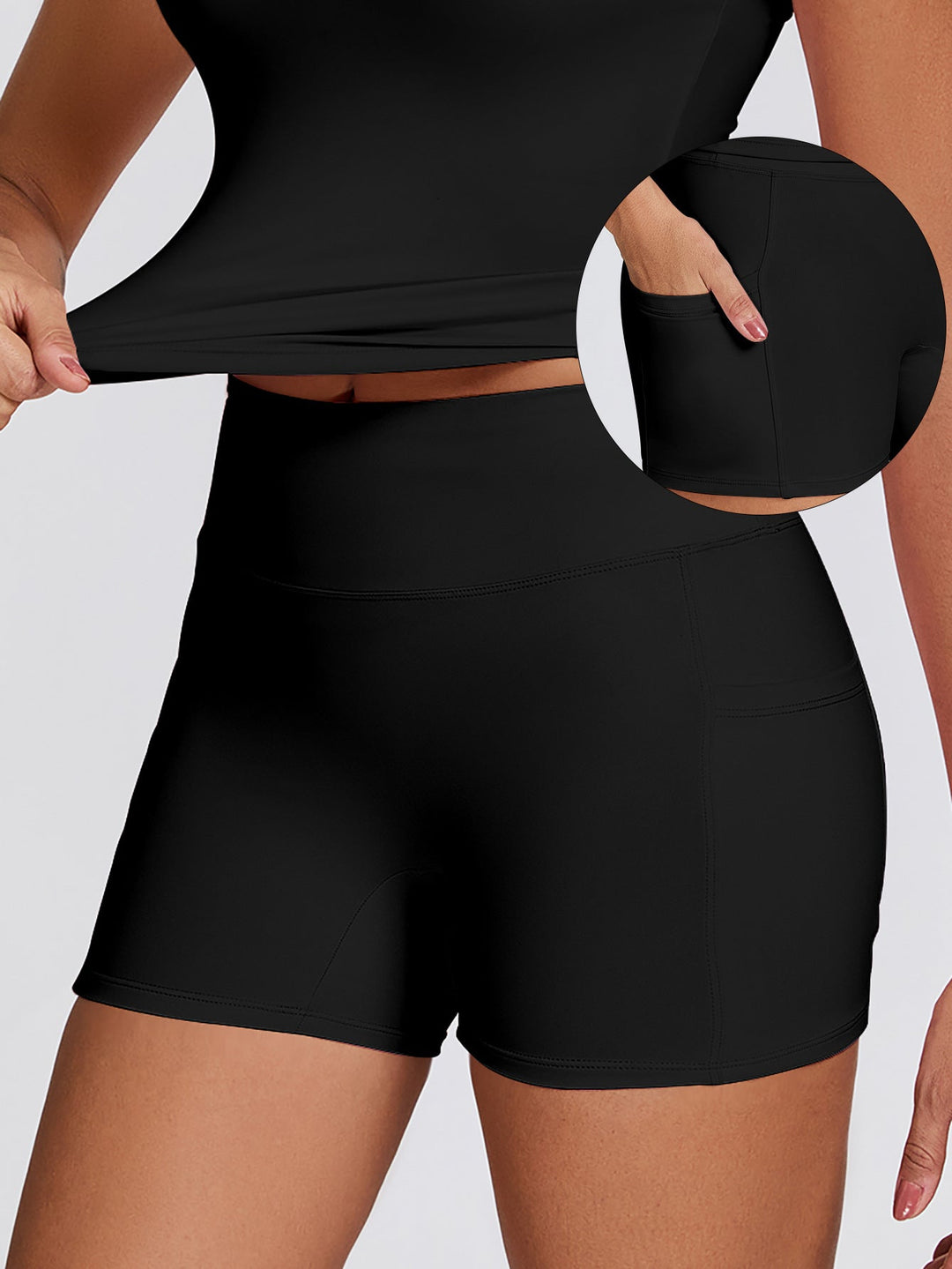 Damen Funktionale Sport-Shorts mit seitlichen Taschen und hohem Bund