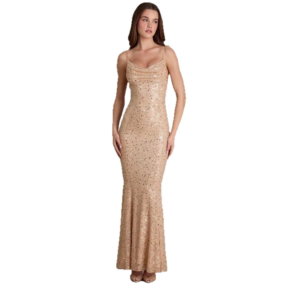 Damen elegantes Pailletten-Maxi-Kleid mit schickem Wasserfallausschnitt und figurbetonter Silhouette Nord Taschen