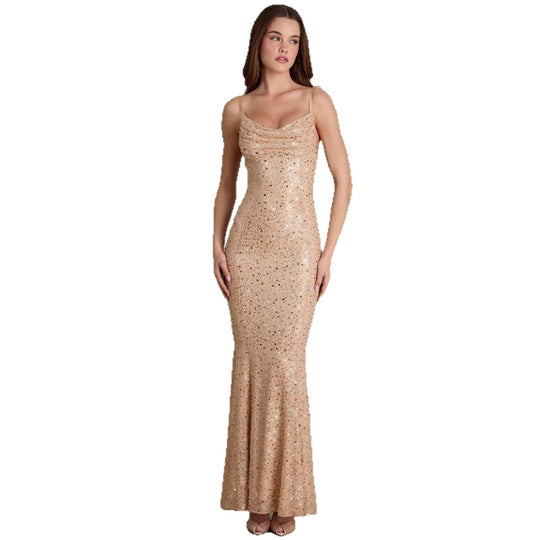 Damen elegantes Pailletten-Maxi-Kleid mit schickem Wasserfallausschnitt und figurbetonter Silhouette Nord Taschen