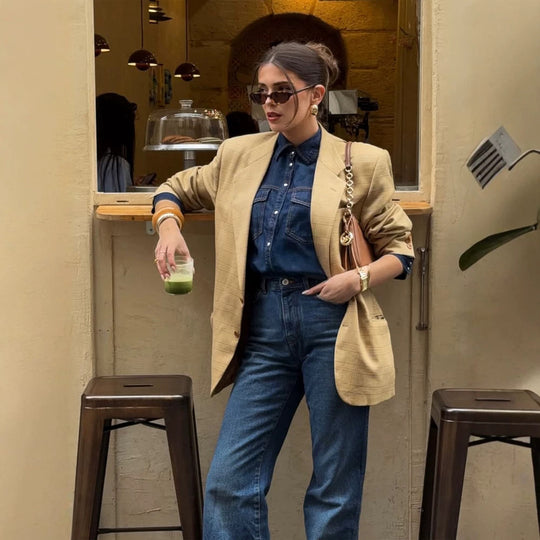 Damen Oversize Glencheck-Blazer im kastigen Boxy‑Schnitt mit markanter Schulterpartie Nord Taschen