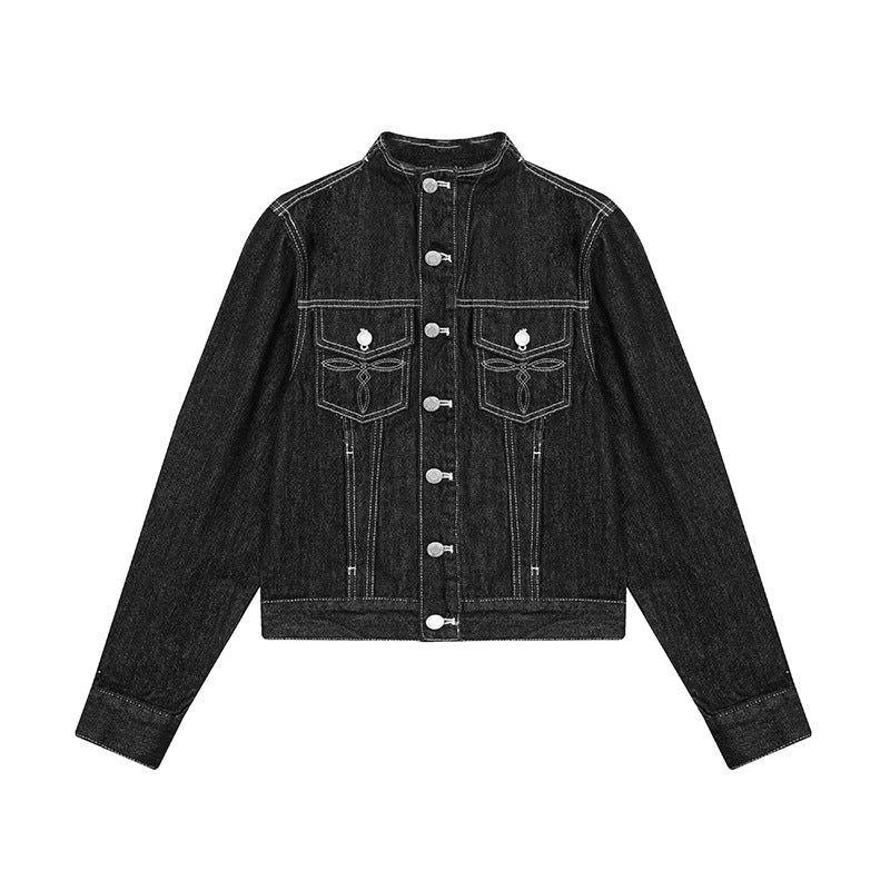Damen Taillierte Jeansjacke mit Stehkragen, Ziernähten und Metallknopfverschluss Nord Taschen