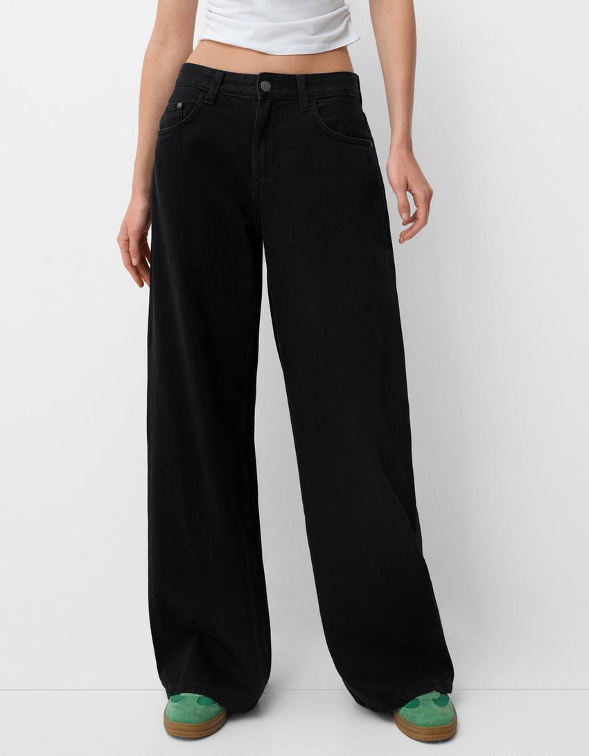 Damen ultraweite bodenlange Denim-Palazzohose mit cleanem Taschen-Schnitt und leichter Stretchwirkung Nord Taschen