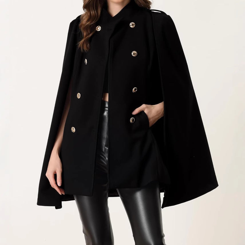 Damen Kurzcape-Mantel aus Wollmix mit Doppelreiher Schulterriegeln und Arm-Schlitzen Nord Taschen