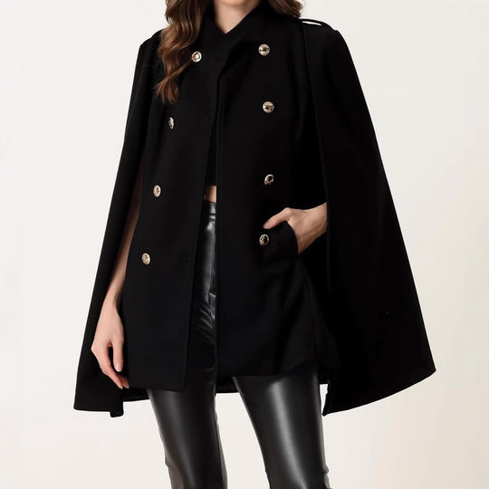 Damen Kurzcape-Mantel aus Wollmix mit Doppelreiher Schulterriegeln und Arm-Schlitzen Nord Taschen