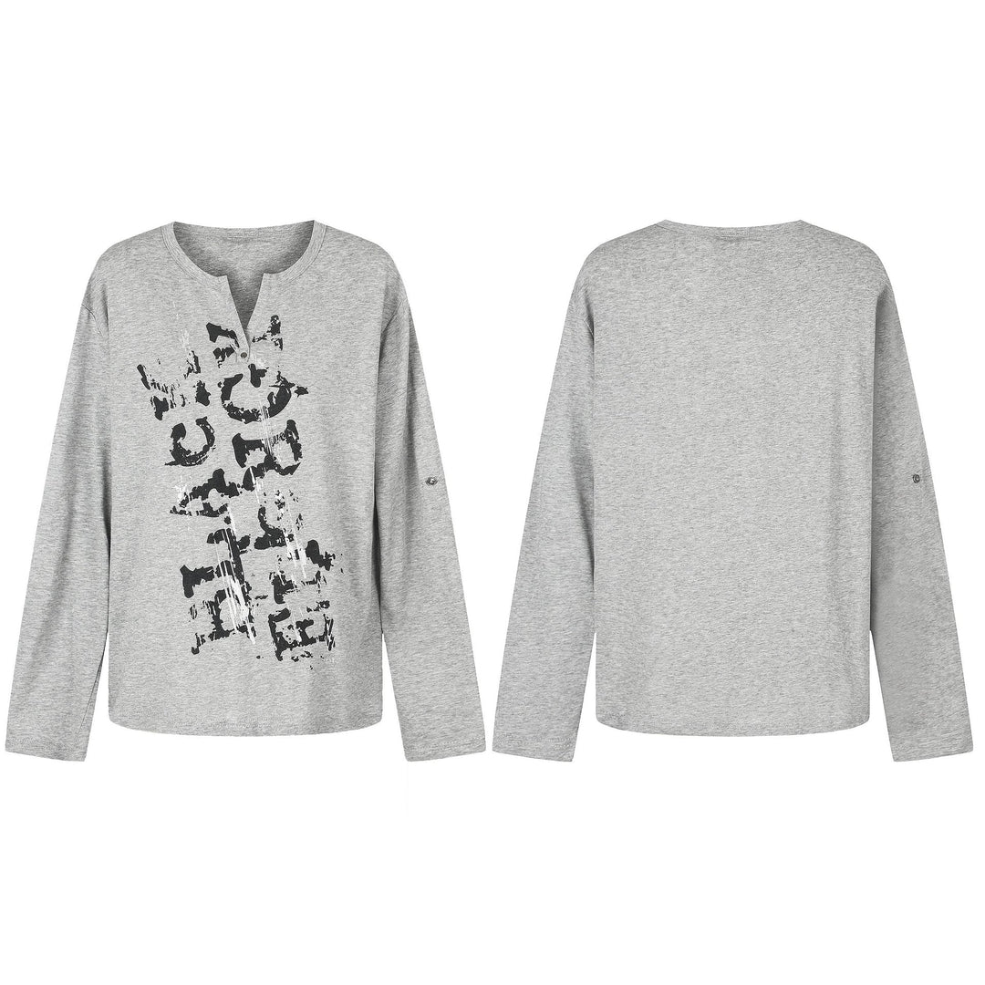 Damen Lässiges Langarmshirt mit Notch‑Ausschnitt, Oversize‑Silhouette und Druckgrafik Nord Taschen