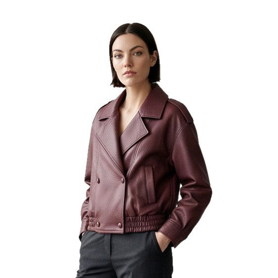 Damen Boxy-Lederimitat-Blouson mit strukturierter Narbung, doppelreihiger Knopfleiste & elastischem Saum Nord Taschen
