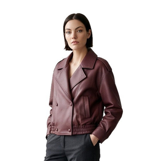 Damen Boxy-Lederimitat-Blouson mit strukturierter Narbung, doppelreihiger Knopfleiste & elastischem Saum Nord Taschen