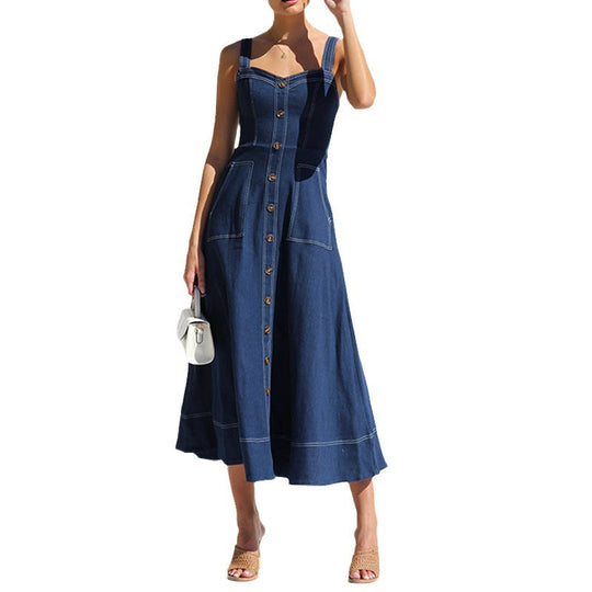 Damen langes Jeanskleid mit Knopfleiste und praktischen Taschen
