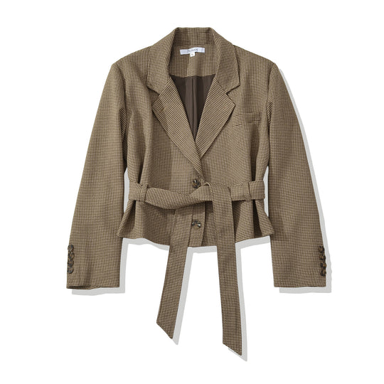 Damen Cropped Blazer mit Taillengürtel, Hahnentrittstruktur und Reverskragen Nord Taschen