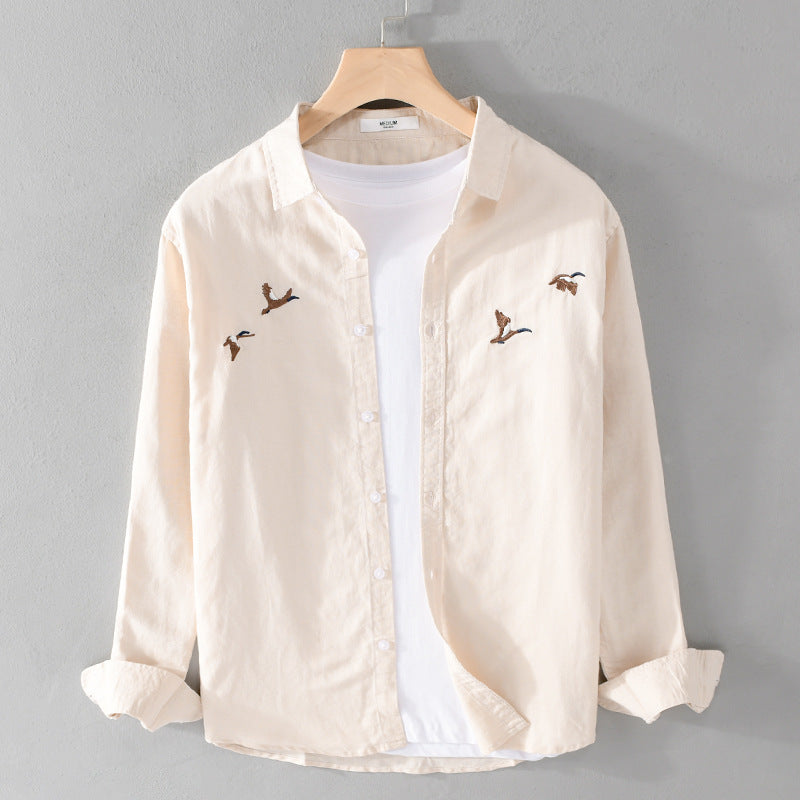 Herren Leichtes Leinenhemd mit feiner Vogelstickerei und Relaxed Fit Nord Taschen