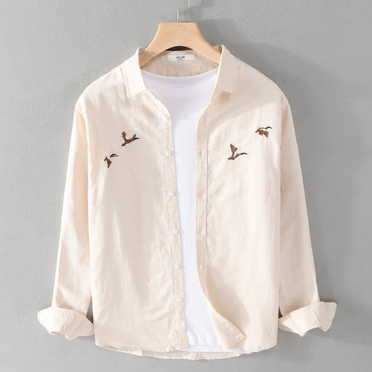 Herren Leichtes Leinenhemd mit feiner Vogelstickerei und Relaxed Fit Nord Taschen