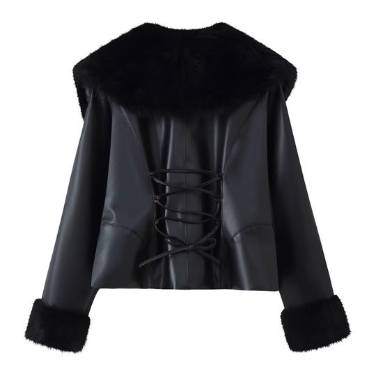 Damen Kurzjacke aus Kunstleder mit voluminösem Faux-Fur-Kragen und Fellmanschetten Nord Taschen