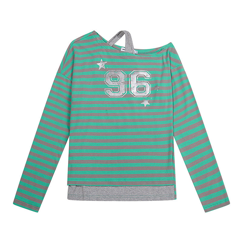 Damen Gestreiftes Langarmshirt mit asymmetrischem Ausschnitt, Lagenoptik und Metallic-Print Nord Taschen