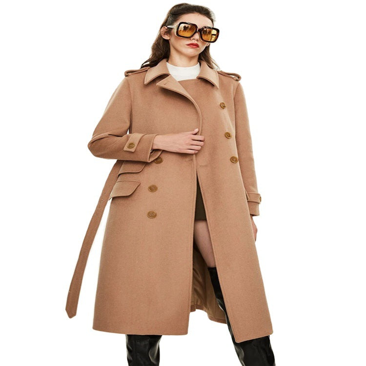 Damen taillierter A‑Linien Trenchcoat aus Woll‑Kaschmirmix mit Taillengürtel und Patten Nord Taschen