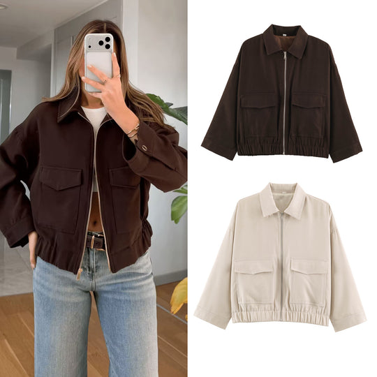 Damen Boxy Kurzblouson mit aufgesetzten Pattentaschen und Gummizugsaum Nord Taschen