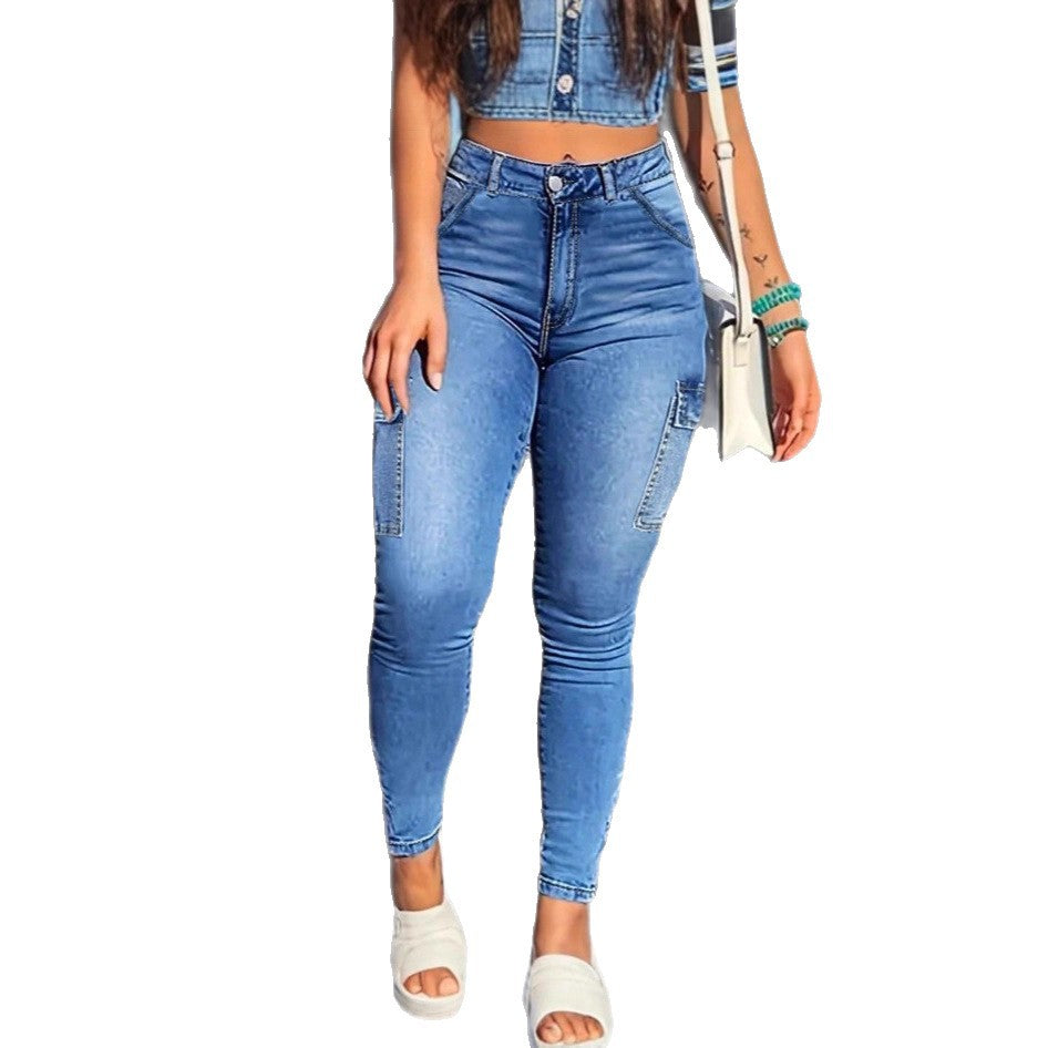 Damen hochtaillierte formende Skinny-Jeans mit Cargo-Taschen und Superstretch-Denim Nord Taschen