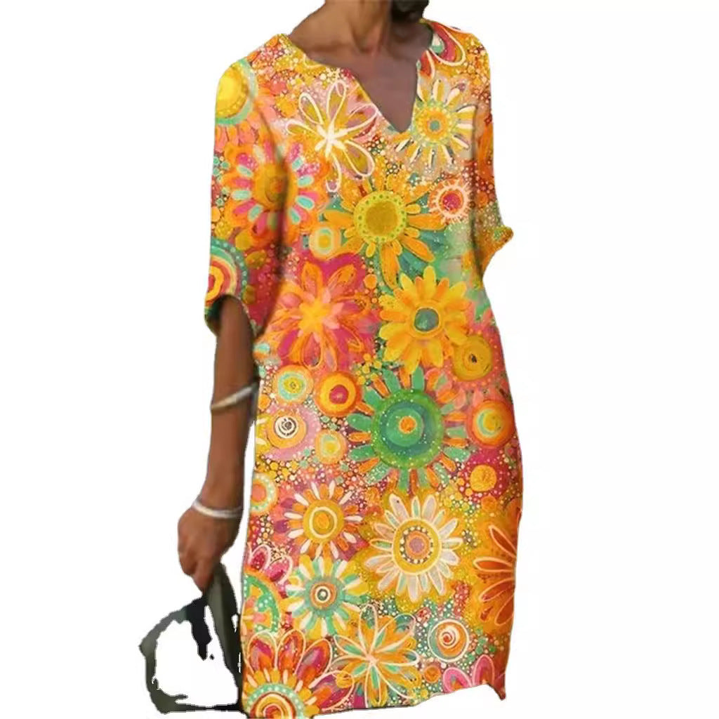 Damen lässiges Freizeitkleid mit floralen Mustern und V-Ausschnitt Nord Taschen