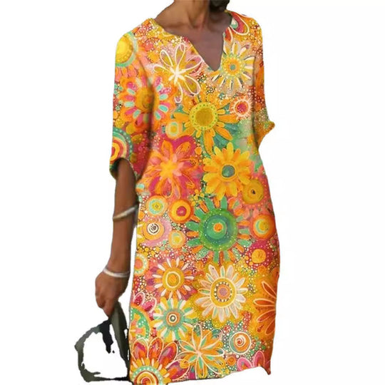 Damen lässiges Freizeitkleid mit floralen Mustern und V-Ausschnitt Nord Taschen