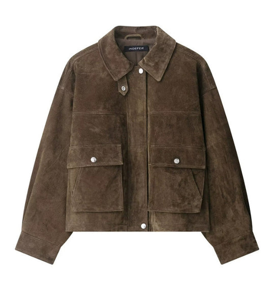Damen 100+ kurze Veloursleder‑Blousonjacke mit Pattentaschen und Druckknopfverschluss Nord Taschen