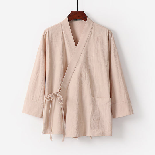 Damen Kimono-Cardigan aus Baumwoll-Leinen mit dreiviertelärmeln Bindegürtel und aufgesetzten Taschen Nord Taschen