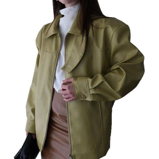 Damen Boxy-Kunstlederjacke mit hohem Stehkragen, Frontzip und Taillenschärpe Nord Taschen