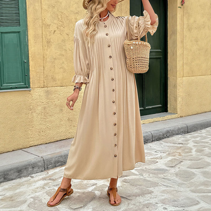 Damen Maxikleid mit durchgehender Knopfleiste, plissierter Brustpartie und Volantärmmel Nord Taschen