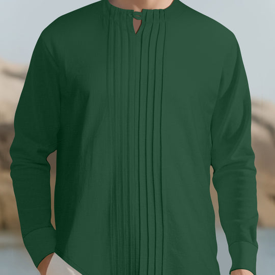 Herren Leichtes Langarmshirt im Leinenlook mit Stehkragen, Kellerfalten und Schlaufenverschluss Nord Taschen
