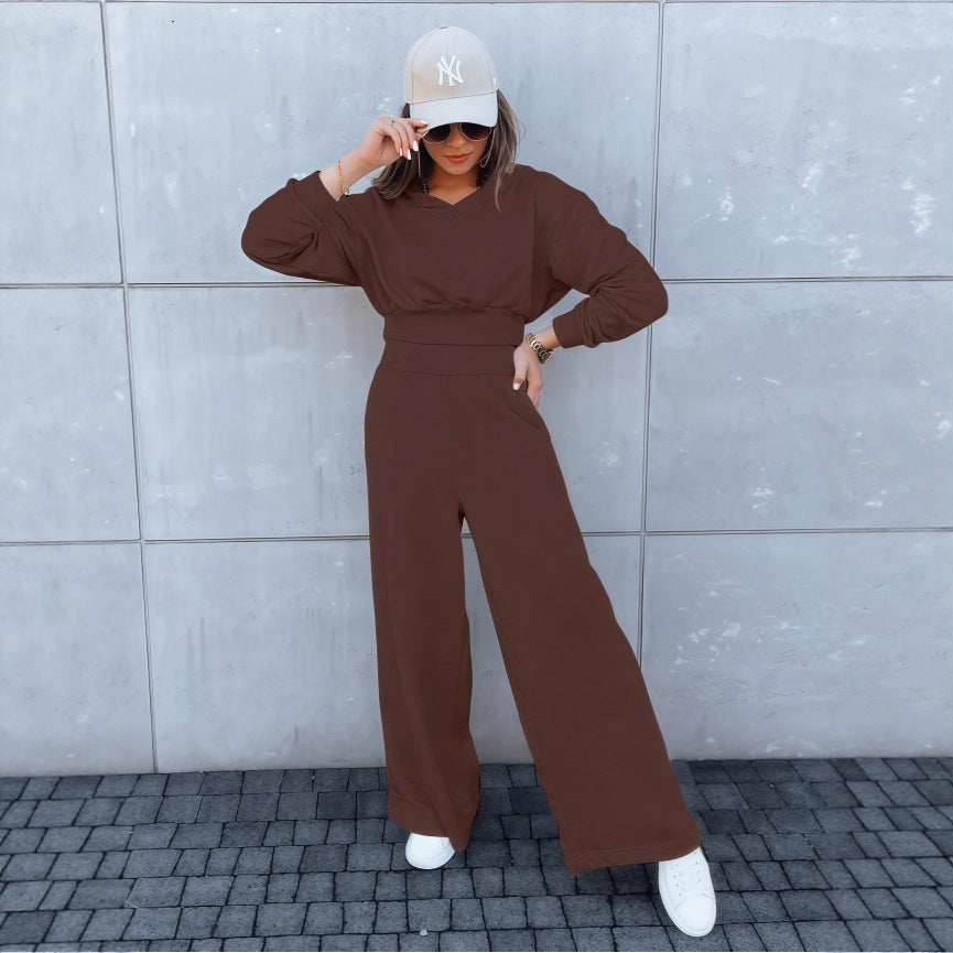 Damen Loungewear-Set mit Cropped V‑Ausschnitt-Pullover und hochtaillierter Palazzohose Nord Taschen