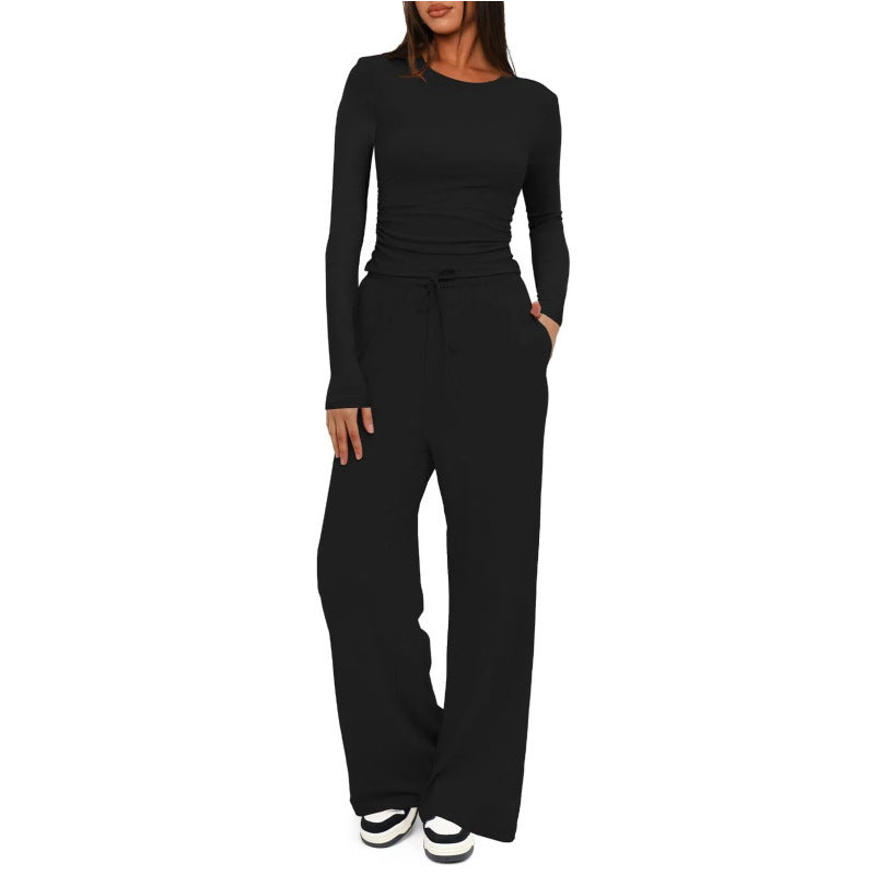 Damen Figurbetontes Longsleeve mit seitlicher Raffung und High-Waist Palazzo-Jogginghose Set Nord Taschen