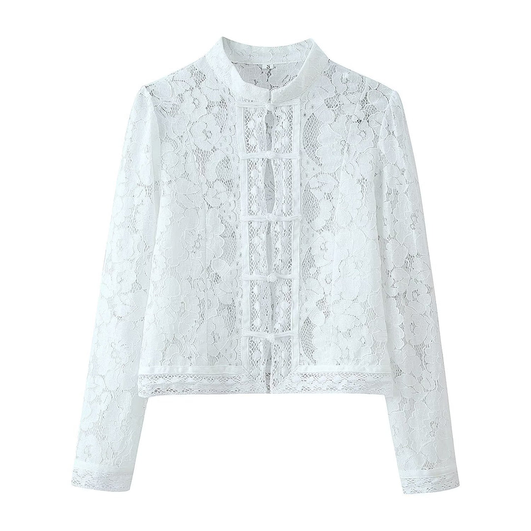 Damen Spitze Jacke mit Stehkragen, chinesischen Knoten und transparentem Floral-Design Nord Taschen