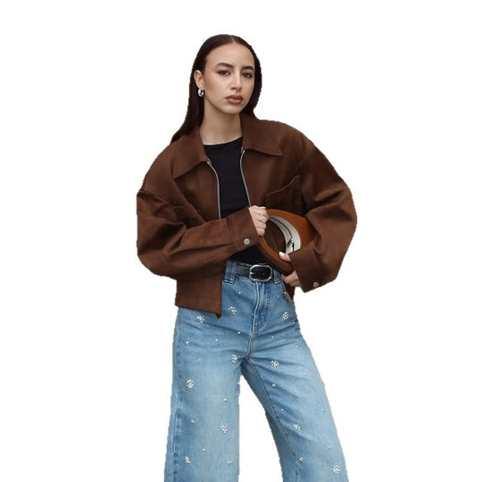 Damen Kurze Veloursleder‑Optik Jacke mit Reißverschluss und Oversize‑Ärmeln Nord Taschen