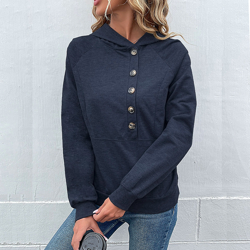 Damen Kapuzenpullover mit Zierknopfleiste, Raglanärmeln und Kängurutasche Nord Taschen