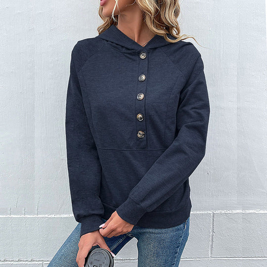 Damen Kapuzenpullover mit Zierknopfleiste, Raglanärmeln und Kängurutasche Nord Taschen