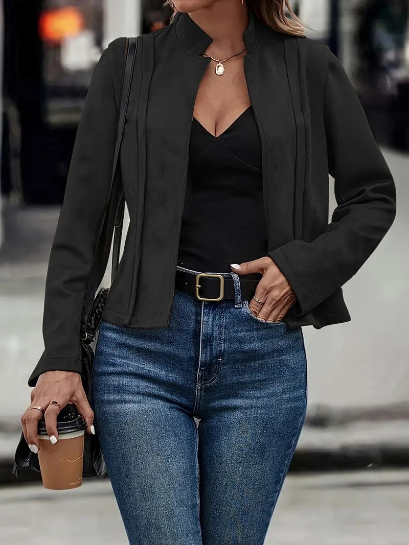 Kurzjacke Slim Passform Wollmischung Stehkragen Offene Vorderseite