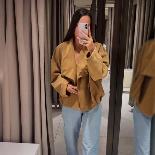 Damen Oversized Velours‑Wasserfalljacke mit kastiger Cropped‑Silhouette und verdeckter Verschlussleiste Nord Taschen