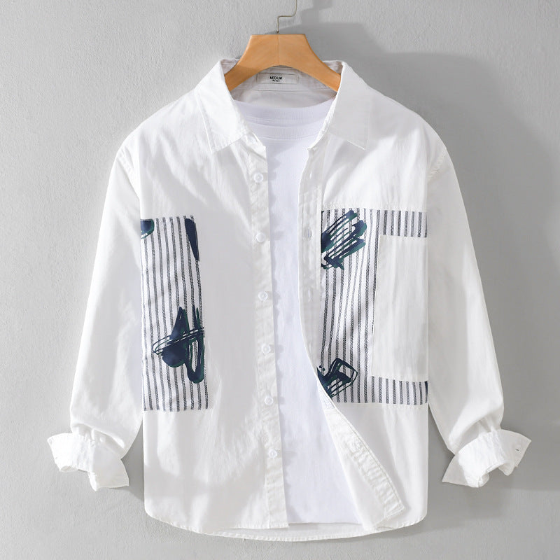 Herren Casual-Overshirt aus Baumwollpopeline mit gestreiften Patch-Einsätzen und Pinselprint Nord Taschen