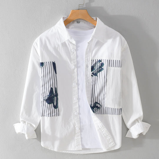 Herren Casual-Overshirt aus Baumwollpopeline mit gestreiften Patch-Einsätzen und Pinselprint Nord Taschen