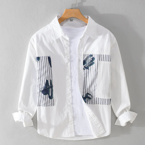 Herren Casual-Overshirt aus Baumwollpopeline mit gestreiften Patch-Einsätzen und Pinselprint Nord Taschen