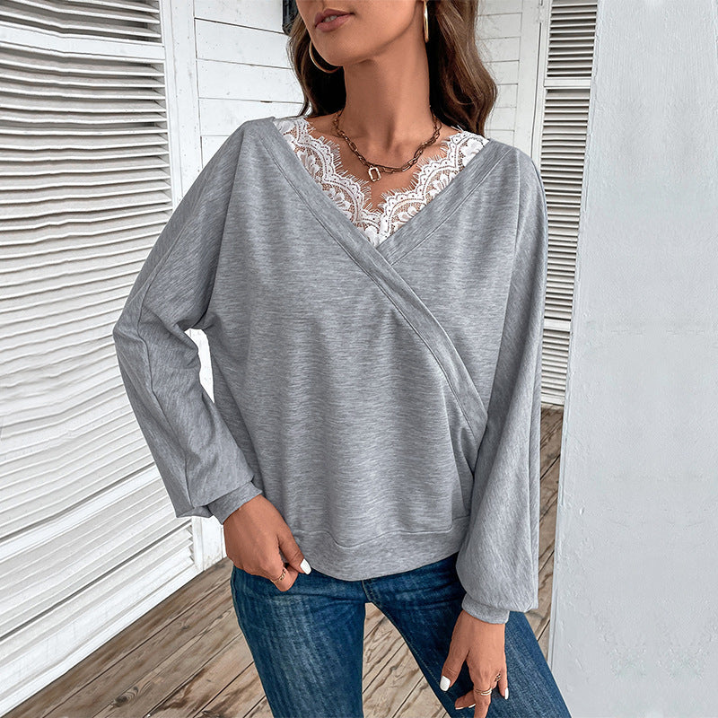 Damen Oversized Wickel-Longsleeve mit Spitzenblende und weitem Arm Nord Taschen