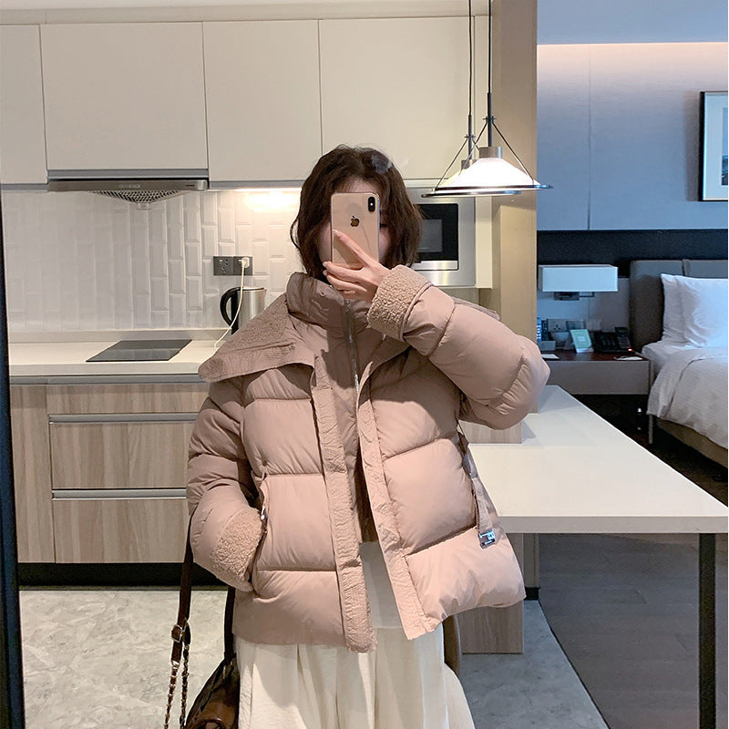 Damen nan kurz gesteppte Taillen-Pufferjacke mit kuscheligem Teddykragen und verstellbarem Schnallenriemen Nord Taschen