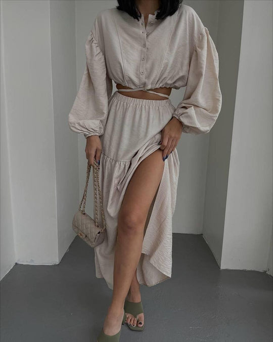 Damen Zweiteiliges Boho-Set mit Cropped-Bluse und Maxirock mit Schlitz Nord Taschen