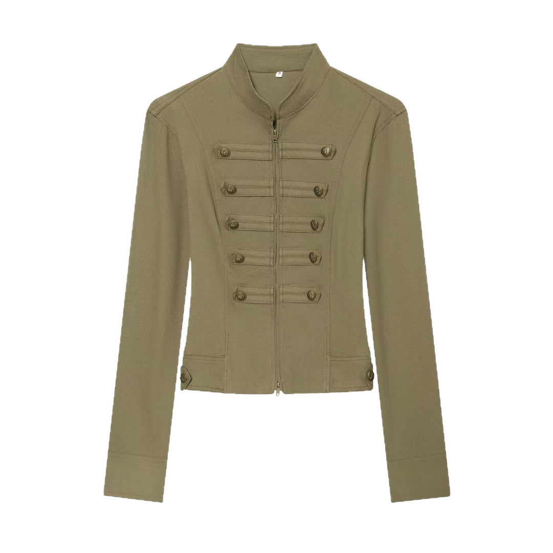 Damen Taillierte Militärinspirierte Kurzjacke mit Stehkragen und Zierknopfleisten Nord Taschen