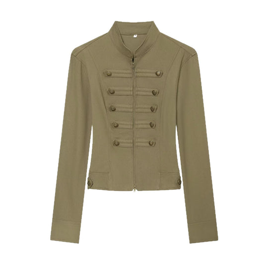 Damen Taillierte Militärinspirierte Kurzjacke mit Stehkragen und Zierknopfleisten Nord Taschen