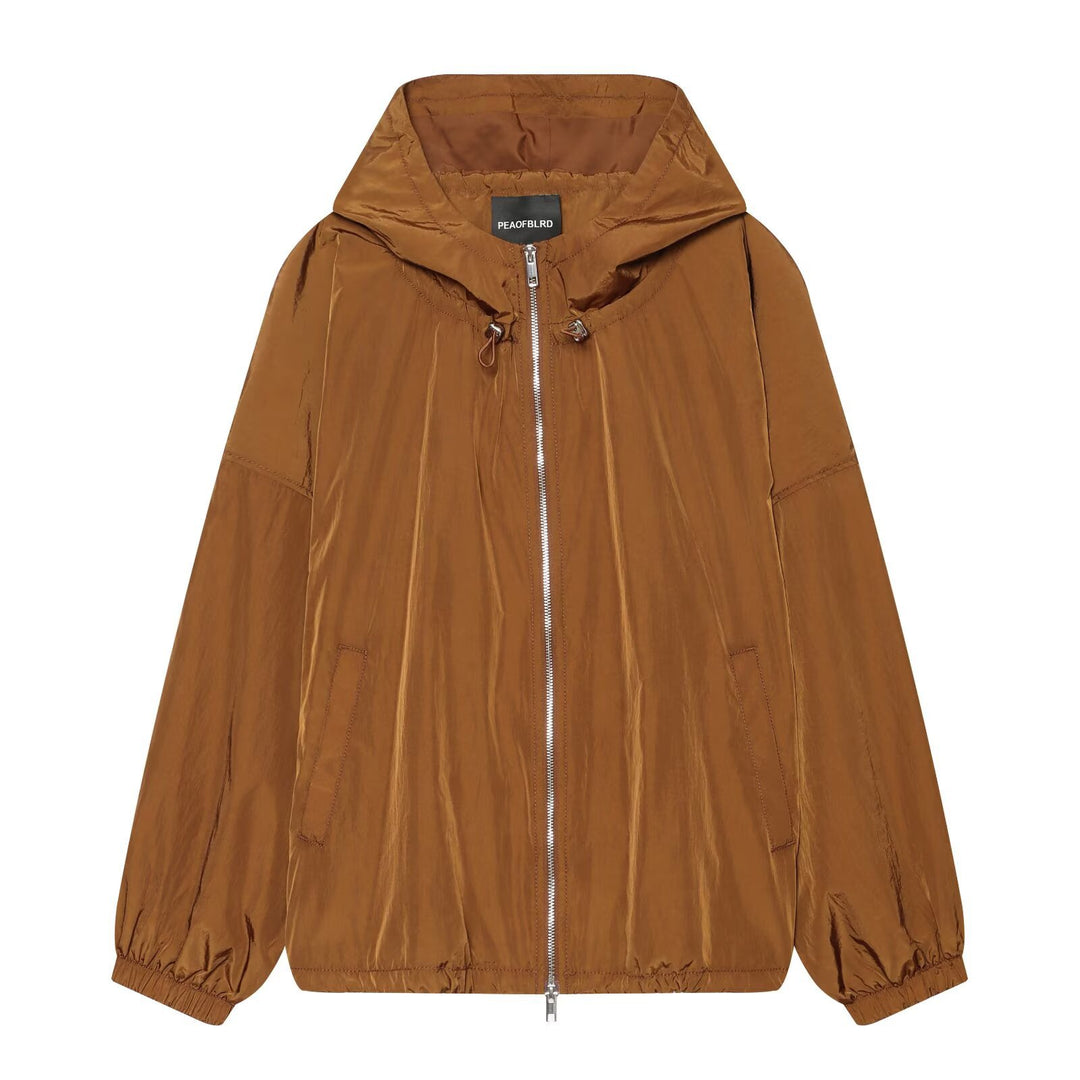 Damen Leichte Kapuzen‑Windjacke aus glänzendem Nylon mit Tunnelzug und Zwei‑Wege‑Reißverschluss Nord Taschen