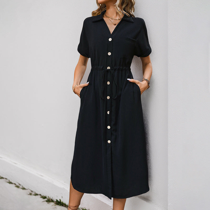 Damen Langarm Hemdblusenkleid mit Taillengürtel Nord Taschen