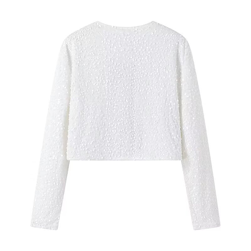 Damen Kurze Paillettenjacke mit Zierschleifen, Rundhalsausschnitt und langen Ärmeln Nord Taschen