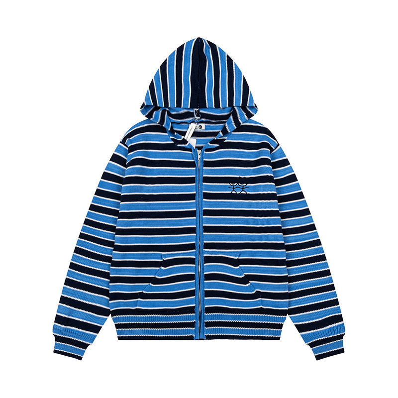 Damen Gestreifte Kapuzen-Strickjacke mit durchgehendem Reißverschluss und Eingrifftaschen Nord Taschen