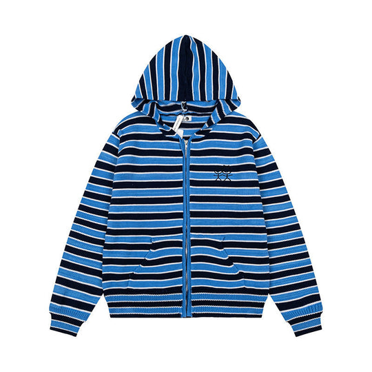 Damen Gestreifte Kapuzen-Strickjacke mit durchgehendem Reißverschluss und Eingrifftaschen Nord Taschen