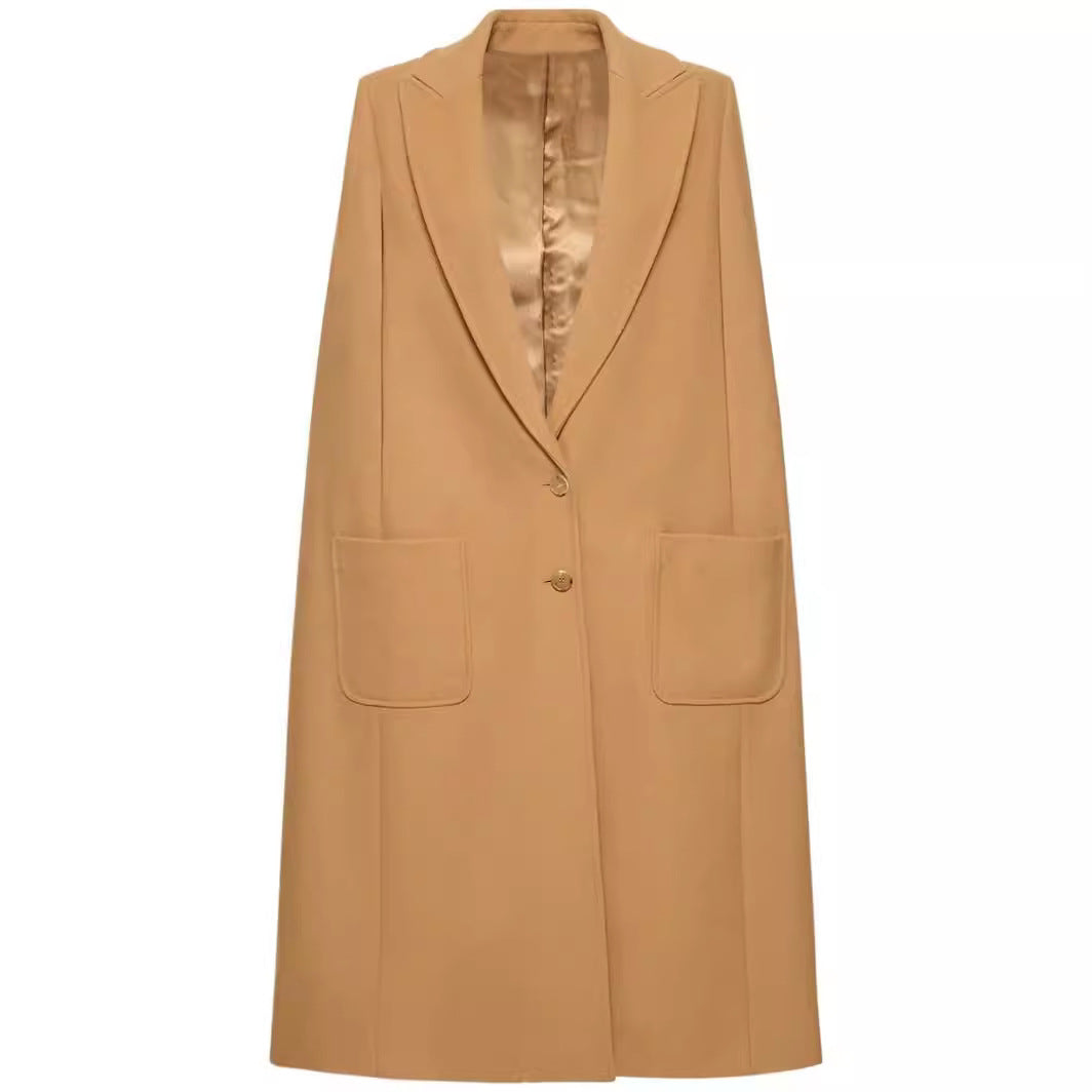 Damen Cape-inspirierter Maxilanger Mantel aus Wollmix mit schmalem Revers Nord Taschen